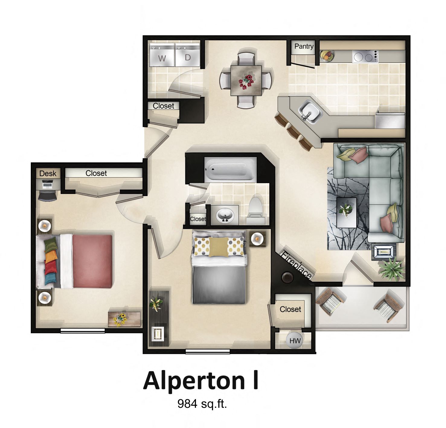 Floor plan for 2 beds, 1 bath, 1051 sqft